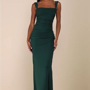 Dark Green Mesh Ruched Column Maxi Dress